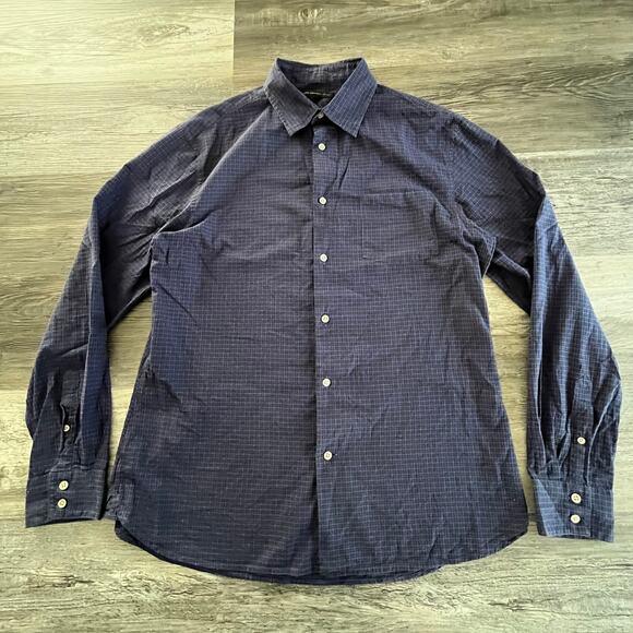 John Vabartos Micro Black Watch Plaid Blue Mens L Button Down Long Sleeve Shirt - Picture 2 of 10